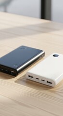 Two portable power banks on a wooden surface, charging solutions.