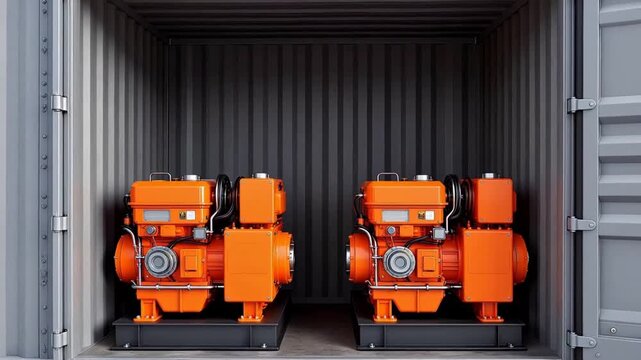 Two industrial orange diesel generators housed inside an open shipping container, ready for transport or deployment &mdash; logistics, power backup, and heavy equipment concept.