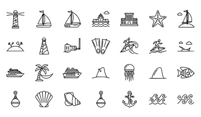 Thin line nautical and beach icon set with lighthouse boat sail island starfish and sea animals isolated on white background © Lipi