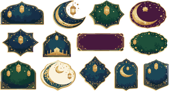 Islamic Decorative Frames Collection with Lantern and Crescent Moon for Ramadan Design