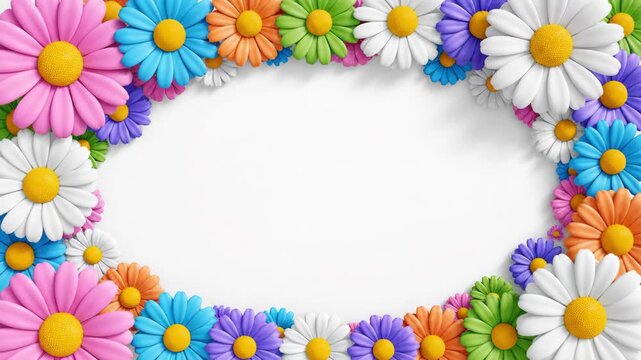 A vibrant and colorful oval frame made of various daisy flowers in different bright colors on a white background, perfect for spring or summer designs