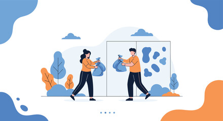 Obraz premium Man and woman work together to carry large blue bags filled with trash or items for donation in an outdoor setting with stylized trees.