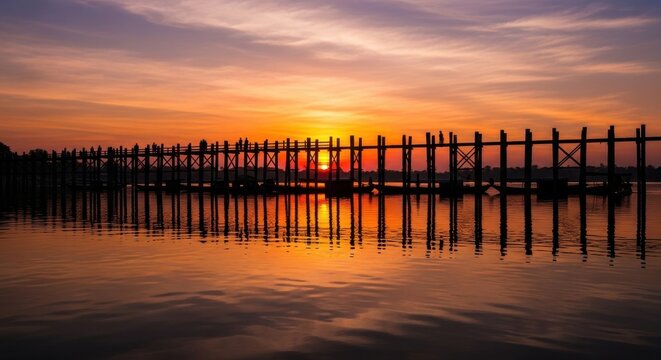 U Bein Bridge at Sunset - A Serene Reflection in Myanmar.