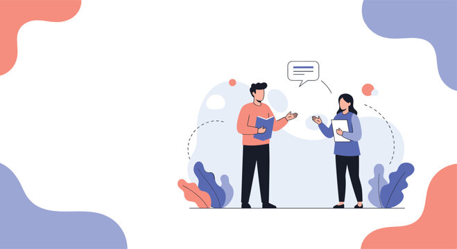Man and woman engage in a professional conversation while holding documents and folders in a modern workspace with speech bubbles.