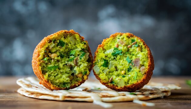 Golden Fried Falafel Halved Showing Flavorful Green Chickpea Herb Filling and Sauce