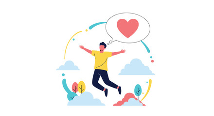 Obraz premium Joyful man jumping in the air with open arms while thinking about love and happiness represented by a large heart in a bubble.