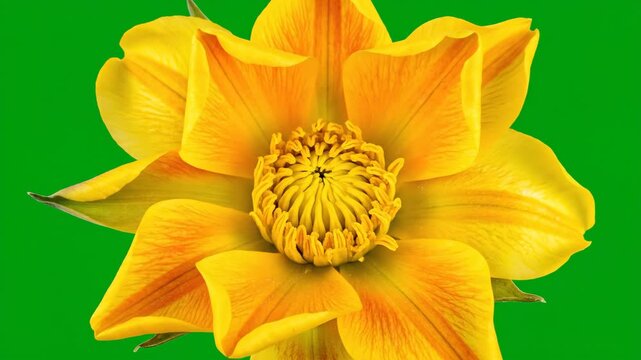 Close up of a vibrant yellow Trollius or globeflower in timelapse with a green screen background, a stunning botanical study