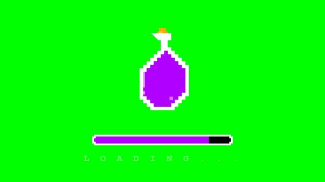 This pixelated potion flask loading animation loop on a vibrant green screen displays liquid cycling through black, purple, then blue, visually