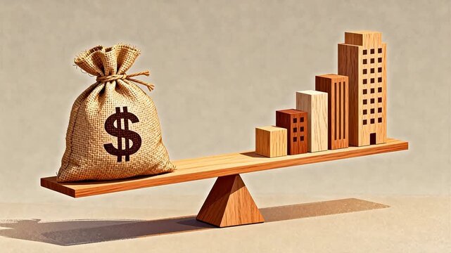 Money bag and wooden buildings on balance scale