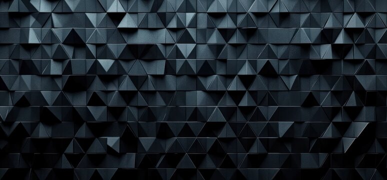 dark moody 3d geometric wall of repeating triangular pyramid tiles with metallic blue-gray faceted texture and deep shadowed relief