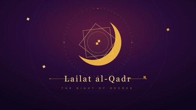 Enchanting golden crescent moon and stars illuminate a sacred night of decree with intricate geometric patterns on a deep purple canvas for
