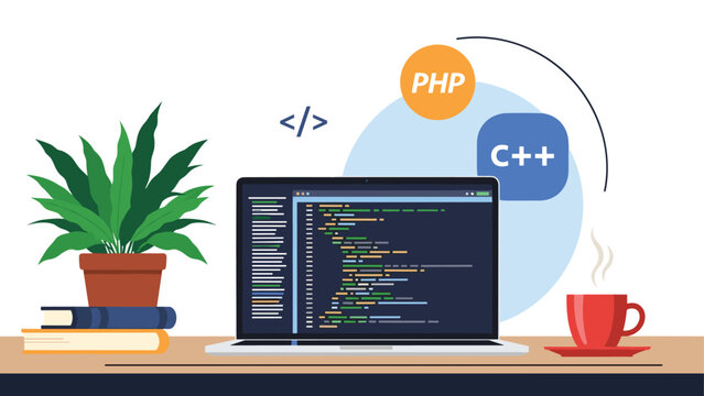 Modern programmer workspace with a laptop displaying computer code next to a potted plant, books, and a hot cup of coffee.