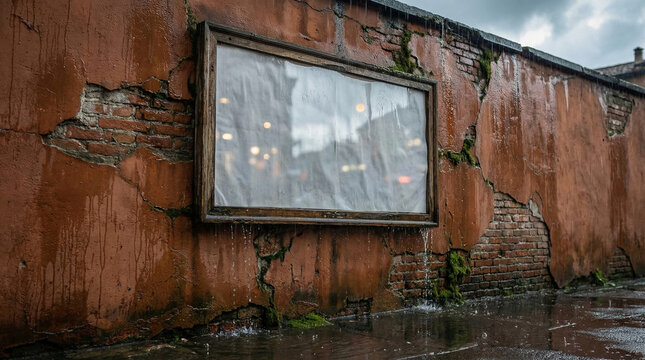 Derelict urban billboard on cracked stucco wall beneath stormy sky, wet pavement reflecting abandonment