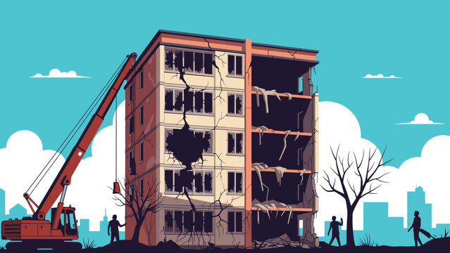 Pixel art demolition scene shows a crane with a wrecking ball breaking down a damaged apartment building in an urban city.
