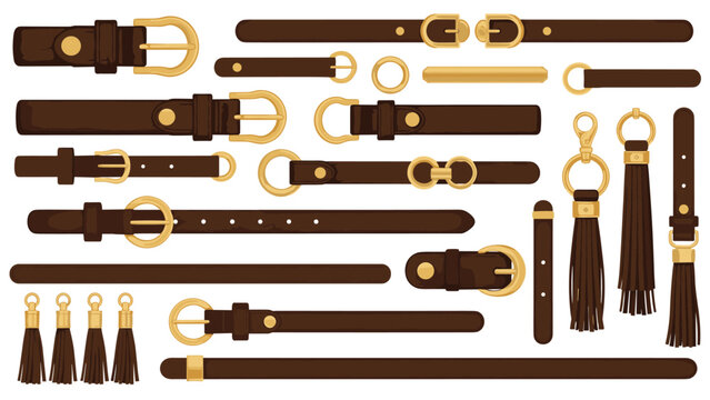 Collection of various brown leather belts with gold buckles and matching tassel accessories for fashion and apparel design.