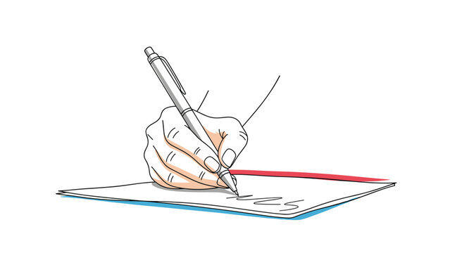 Close up of a hand holding a silver pen while writing a signature or note on a white piece of paper for documentation.