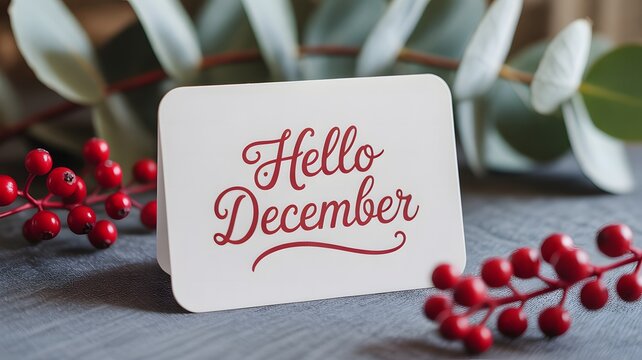 Festive Hello December card with red berries and eucalyptus leaves, celebrating the start of winter.