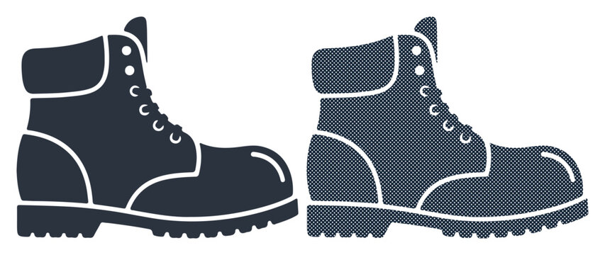 Rugged work boots shown in contrasting dark and light blue hues