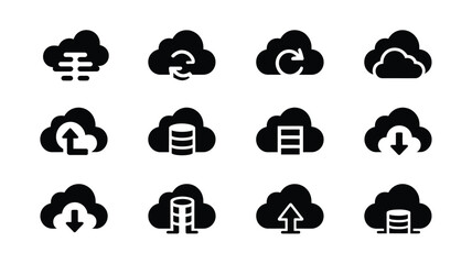 Obraz premium Cloud computing icons set data storage and management symbols black and white vector illustration