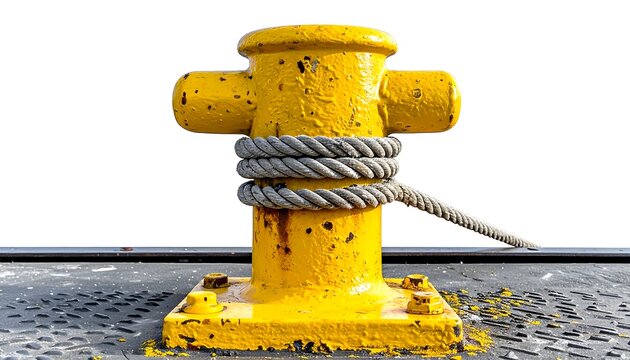 A close-up shot of a weathered yellow bollard with a rope wrapped around it, on a metallic surface against a white background