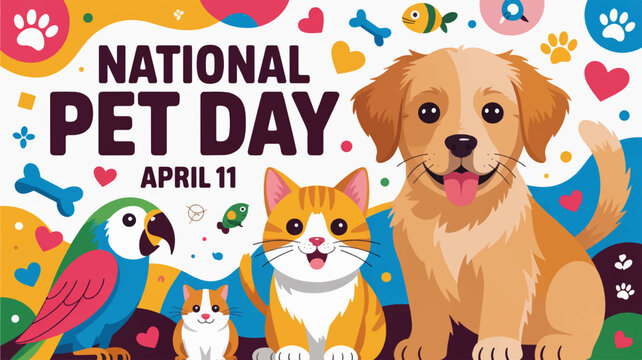 National pet day celebration with colorful pets and symbols on white background