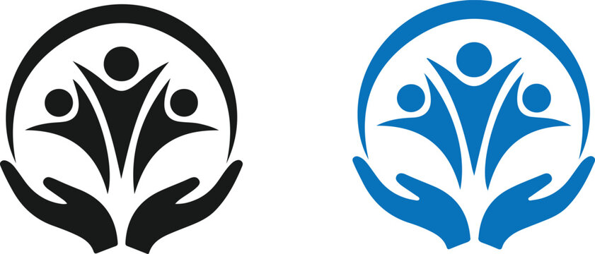People care in hand simple logo black and blue versions on transparent background showing community and support