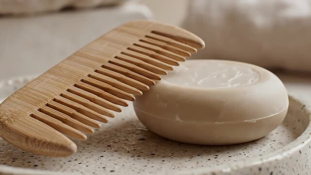 Solid Shampoo Bar and Wooden Comb on Ceramic. Minimalist hair care products on the left side. Neutral earthy tones and soft shadows with an airy atmosphere.