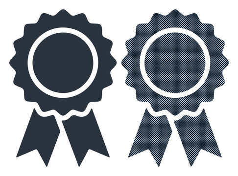 Two dark blue rosettes with ribbons, symbolizing achievement and recognition