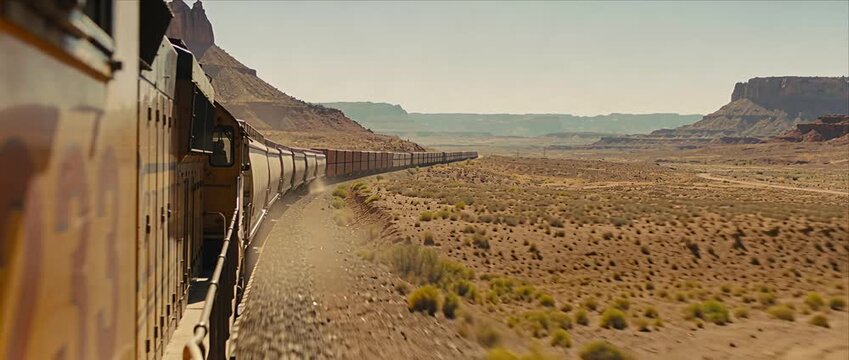 Freight train logistics desert canyon landscape transport cargo rail railway journey under warm sunlight, long freight line curving through remote rugged valley terrain emphasizing distance and motion