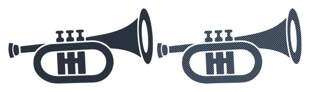 Two dark blue trumpets side by side on a white background