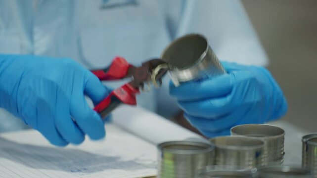 Close-up of a worker&rsquo;s hand using cutting pliers to remove a defective can from a processed food production line in a canned food manufacturing factory, industrial quality control concept