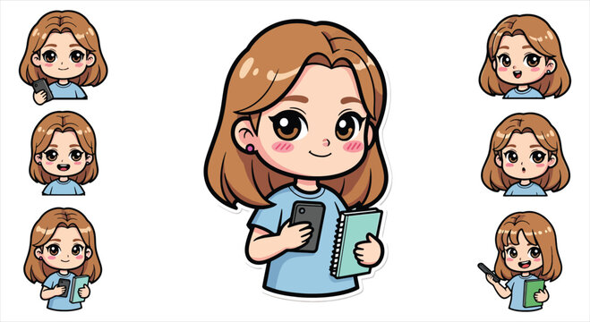 Cute Girl Character Emote Sticker Set, Kawaii Cartoon Girl Emoji Pack, Funny Reaction Icons Vector