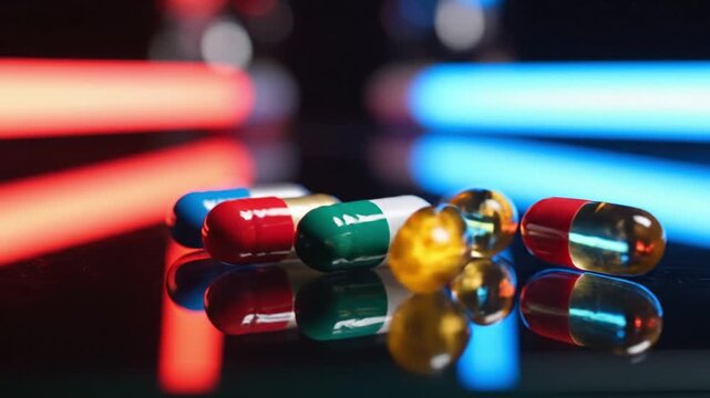 Pharmaceutical capsules and pills with light reflection on a dark surface, representing health and medical treatment options
