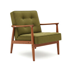 Fototapeta premium Modern Green Velvet Armchair with Wooden Frame Isolated on White