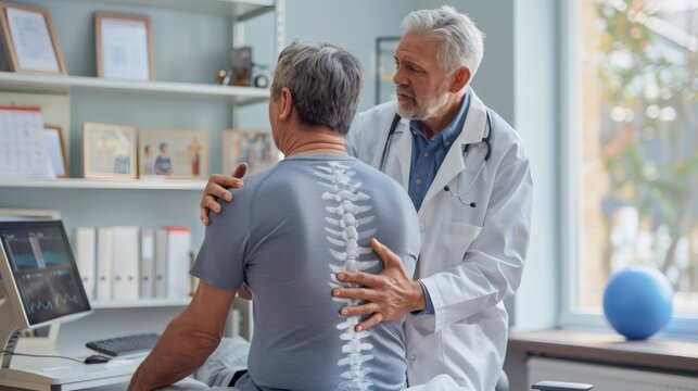 musculoskeletal exam illustration, a physiatrist in a white coat examines a middle-aged male for back pain in a well-lit clinic, performing a detailed hands-on assessment