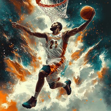 dynamic basketball player soaring for a powerful dunk beneath a rim with explosive paint splashes and triumphant intensity