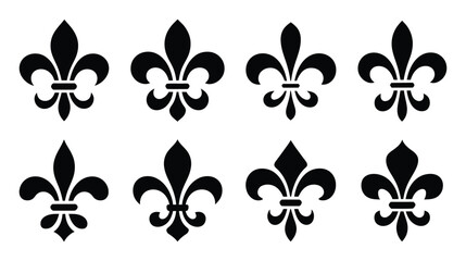 Collection of Eight Black Fleur-de-lis Symbols on White Background © ThephotoLab