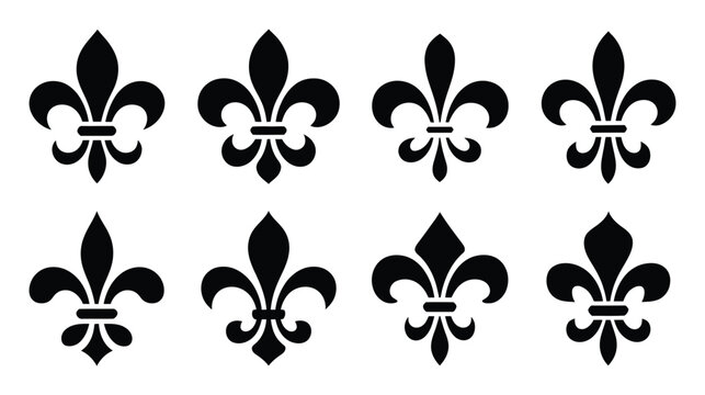 Collection of Eight Black Fleur-de-lis Symbols on White Background