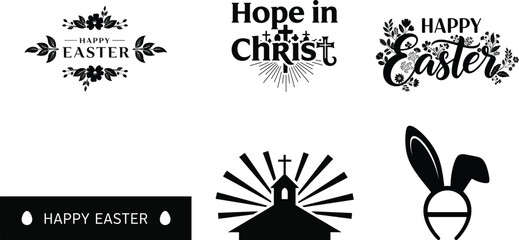 Obraz premium Christian Easter typography set with Hope in Christ, church cross and bunny ears