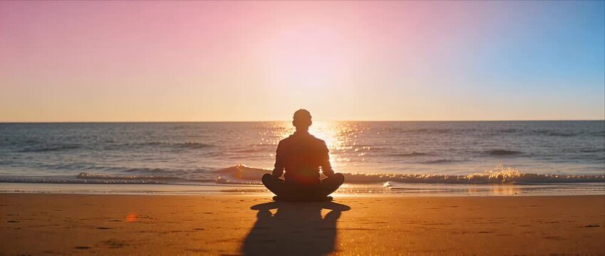 Silhouette meditation yoga beach sunrise with calm serene horizon over ocean water reflection sand shadow solitude peaceful scene tranquil mindful practice wellness relax nature quiet yoga posture