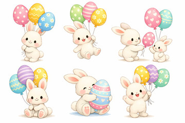 Naklejka premium Cute Easter Bunny With Egg Balloons Spring Celebration Illustration