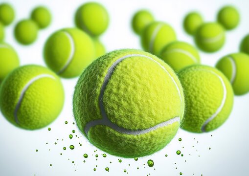 Close-up of a bright yellow-green tennis ball in sharp focus, floating among multiple blurred tennis balls with green droplets, energetic and dynamic motion