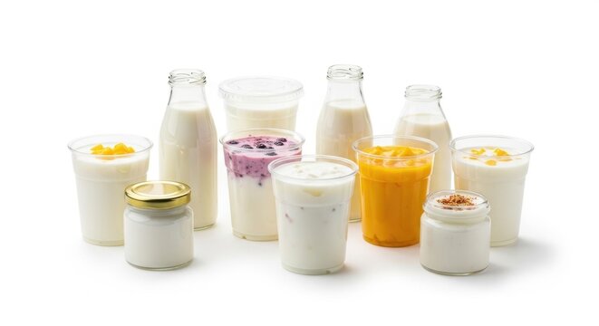Variety of Yogurt Drinks and Desserts on White Background.