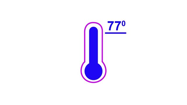 Neon glowing medical thermometer icon animation. That's indicates weather temperature 77 degree increase or decline. Thermometer equipment showing hot or cold weather.