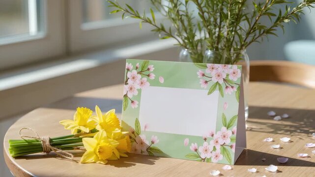 Folded greeting card with cherry blossom illustration placed on a wooden table with yellow daffodils and green branches in soft sunlight. Spring celebration message template.