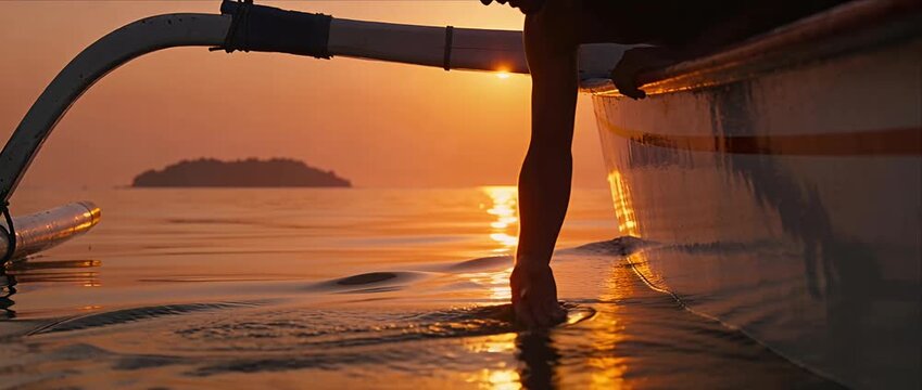 Silhouette sunrise sea reflection hand boat water man horizon island glow serenity calm travel adventure nature freedom serene silhouette man boat touches sea sunset skimming water reflection