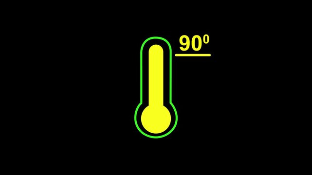 Neon glowing medical thermometer icon animation. That's indicates weather temperature 90 degree increase or decline. Thermometer equipment showing hot or cold weather.