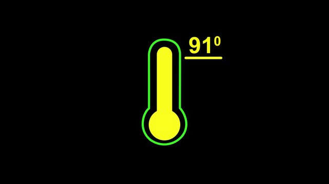 Neon glowing medical thermometer icon animation. That's indicates weather temperature 91 degree increase or decline. Thermometer equipment showing hot or cold weather.