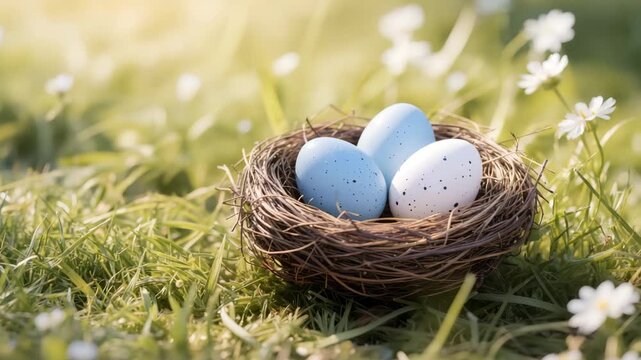 Speckled pastel Easter eggs resting in a natural bird nest placed on fresh green grass with small daisies in warm sunlight. Peaceful spring scene symbolizing renewal.