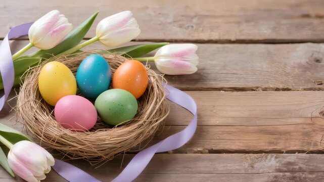 Bright colored Easter eggs arranged in a natural straw nest with soft tulips and ribbon on a rustic wooden table. Cheerful spring holiday composition with seasonal decoration.